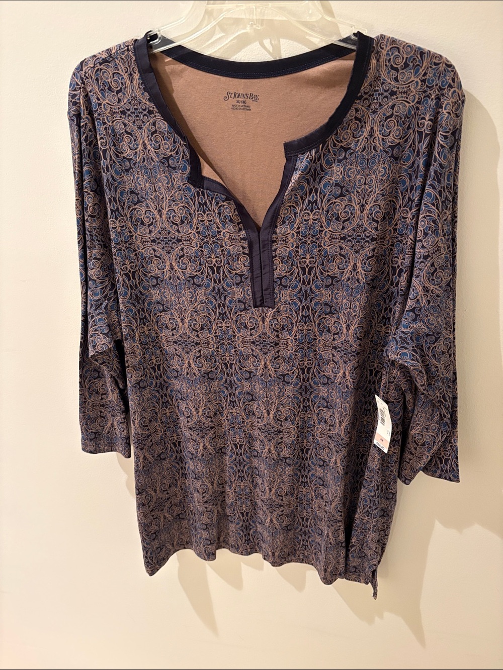 St. John's Bay Navy & Tan Paisley Henley Long Sleeve Top